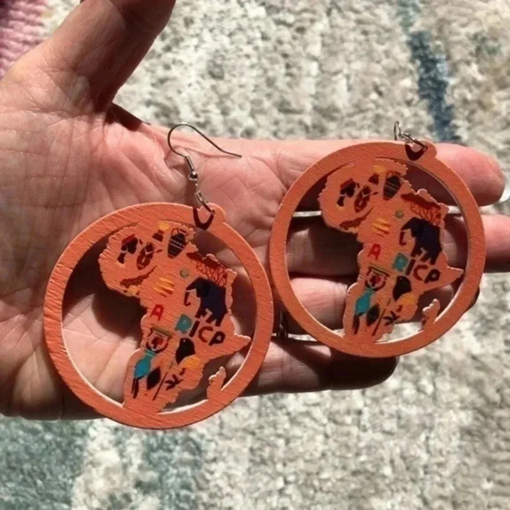 Colorful Africa Ethnic Women’s Ladies Large Wood Wooden Drop Earrings NWT